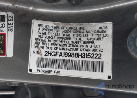 2008 Honda Civic Ex-L from USA, damaged, VIN 2HGFA16988H315222